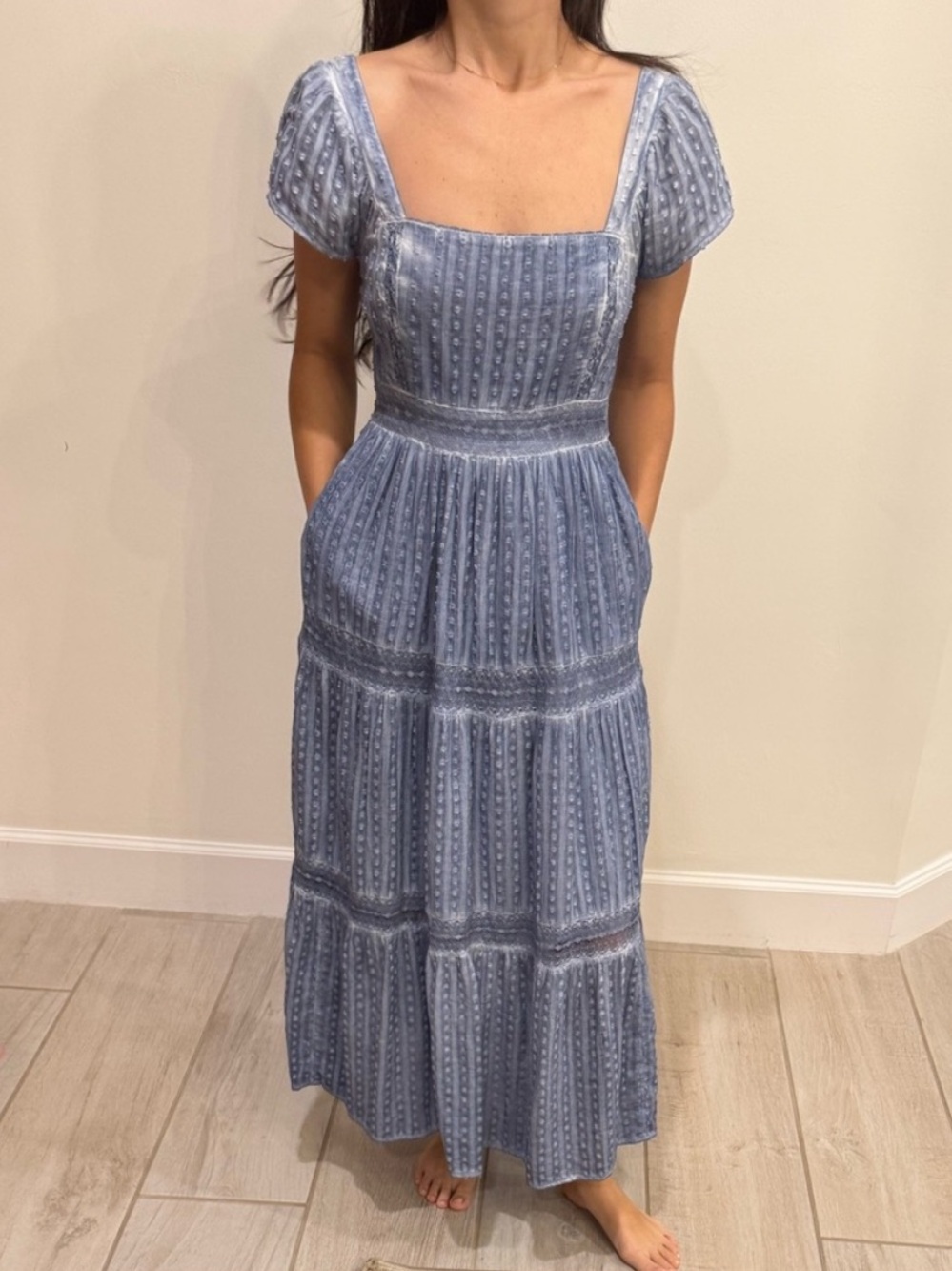 NWT American Eagle Outfitters Steel Gray Tiered Maxi Dress Swiss Dot Small